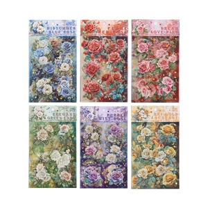 Waterproof gold foil rose PET stickers for journaling, 6 styles vintage flower designs