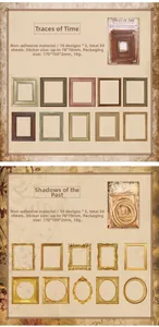 Makroaufnahme von 30 Vintage-Rahmenaufklebern mit Gold- und Holztexturen für Bullet Journals