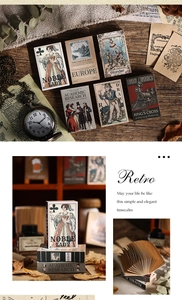 Close-up of vintage European style mini scrapbooking paper set with antique illustrations