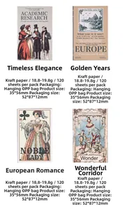 Macro view of four vintage kraft paper sticker books with detailed product specifications
