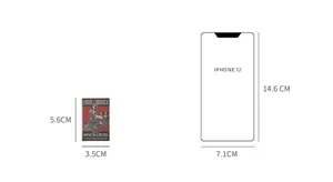 Size comparison of retro train paper stickers measuring 3.5cm by 5.6cm next to a phone