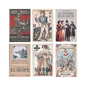 Set of six vintage European style art cards featuring locomotive and academic illustrations