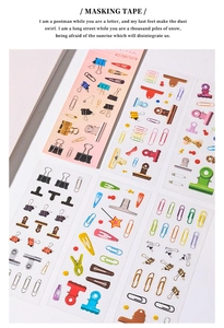 Detail of waterproof PET stickers featuring colorful paper clips and binder clip motifs