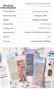 Detailed view of waterproof PET index stickers with translucent geometric chain designs