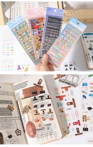 Detail view of semi-transparent PET stationery stickers for planners and scrapbooking
