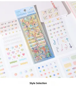 Close-up of waterproof PET decorative index stickers and colorful geometric shapes for journaling