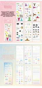 Waterproof PET planner stickers featuring office stationery and geometric heart patterns