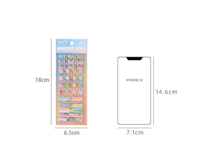 Detailed size chart showing 6pcs PET index stickers compared with an iPhone 12 outline