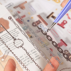 Industrial vintage PET stickers featuring metallic chains and keys for journaling decor