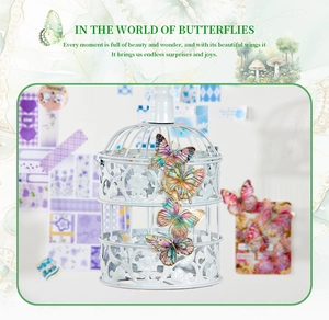 Holographic butterfly PET stickers applied to a white birdcage for DIY home decoration