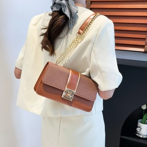 Fashionable brown chain crossbody bag with woven texture and gold twist lock closure