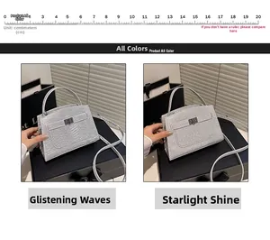 Comparison of silver textured crocodile skin and glitter fashion handbags with metal clasps