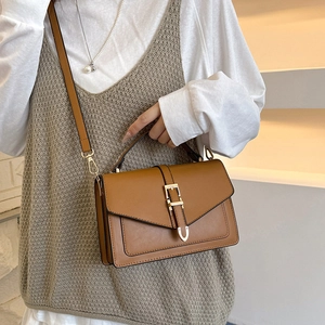 Retro brown small square crossbody bag with gold metal buckle and top handle