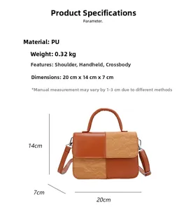 Detail view of colorblock PU leather bag with dimensions 20x14x7cm and 0.32kg weight