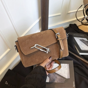 Women Crossbody Bag Faux Suede Frosted Rectangular Flap Metal Pin Lock Fashion Shoulder Handbag Minimalist Retro Versatile
