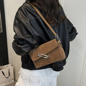 Brown suede crossbody bag with metallic lock, stylish small square design for women
