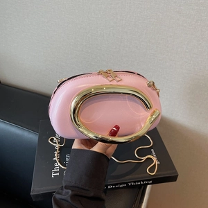 Women Oval Crossbody Bag PU Leather Golden C-Shaped Metal Handle Chain Strap Retro Evening Clutch Zipper Closure