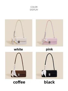 Color display of baguette bags with silk scarf handles in white, pink, coffee and black