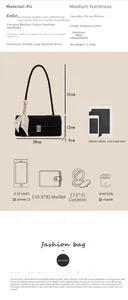 Detailed size chart and dimensions of the black PU leather baguette shoulder bag