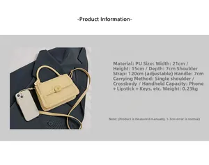 Close-up of cream PU handbag showing 21x15x7cm dimensions and adjustable 120cm strap