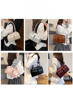 Collage von schicken Leder-Achseltaschen in sechs Farben wie Beige, Silber und Burgund