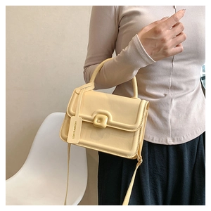 Detail of creamy yellow crossbody bag with polished buckle and fashion branded tag