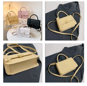 Detailed views of stylish square crossbody bag with top handle and metal lock buckle