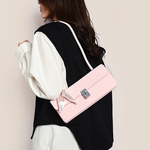 Pink croc-effect baguette shoulder bag with stylish silk scarf handle for women