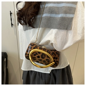 Detail of leopard print hard shell box bag with oversized gold oval metal handle