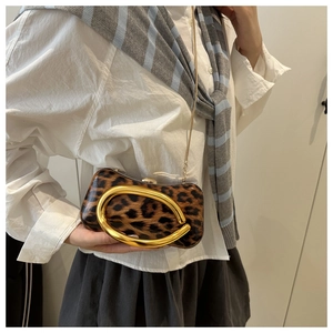Close-up of leopard print crossbody bag with large gold handle and metal chain