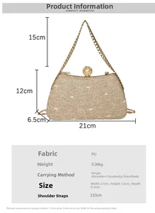Detailed dimension guide for gold lace clutch with pearl clasp and chain strap