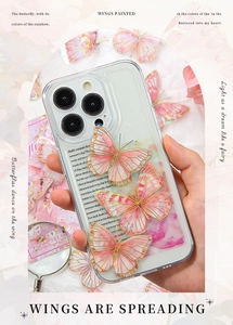 Detail of clear phone case with 3D pink butterflies and poetic golden text overlays