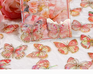 Detail of pink floral butterfly stickers with gold foil outlines on PET material