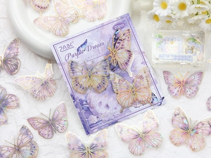 Detail of laser gold foil butterfly stickers with purple gradient and PET texture