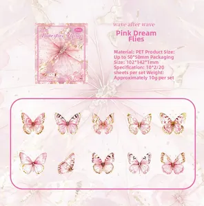 Detail view of 10 butterfly PET sticker designs with pink dreamy laser gold foil accents