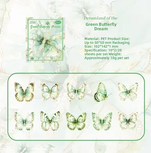 Detail of waterproof green butterfly PET stickers with gold stamping and 50mm size