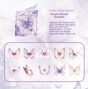 Macro detail of purple PET butterfly stickers with holographic gold stamping patterns