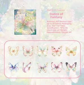 Detailed specs for waterproof PET laser butterfly stickers with dimensions and weight info