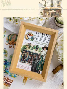 Makroaufnahme von Vintage-DIY-Stickern mit Retro-Kaffee, Gebäuden und Heißluftballons