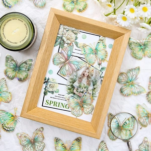 Waterproof laser gold PET butterfly stickers with spring theme collage and floral accents