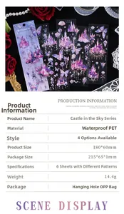 Macro detail of waterproof PET stickers with gold foil castle and butterfly designs