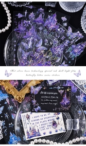 Detail of laser silver butterfly and castle stickers with holographic shell film texture
