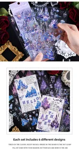 Detail of PET stickers featuring dreamy castles and butterflies with holographic gold foil