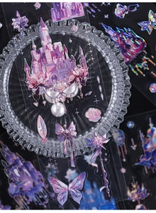 Macro shot of iridescent PET stickers featuring dream castles and laser butterfly motifs