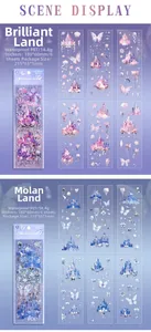 Detailed view of waterproof PET sticker packs featuring dreamy fairy castles and butterflies