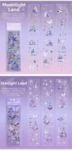 Detail of waterproof PET stickers with laser finish and fantasy castle designs
