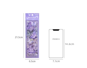 Size comparison of purple castle fantasy stickers next to an iPhone 12 model