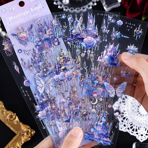 Dreamy Castle in the Sky holographic PET stickers with blue butterfly and moon designs
