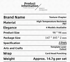 Detailed specifications of PET texture stencils with 98x98mm dimensions for DIY art