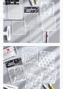 Macro detail of two 6PCS PET stencil sets featuring geometric lines and floral patterns